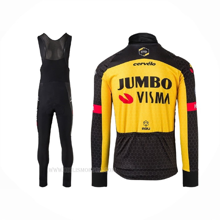 2021 Ropa Ciclismo Jumbo Visma Negro Amarillo Mangas Largas y Culotte Lunga